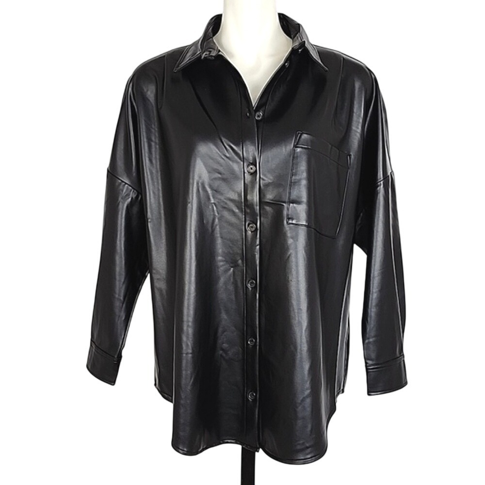 NWT French Connection Women's Black Crolenda Faux Leather Shirt Large